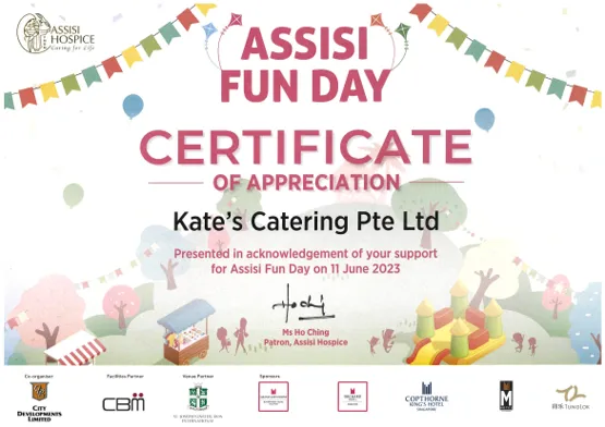 Kate's Catering certificate and recognition, 2023