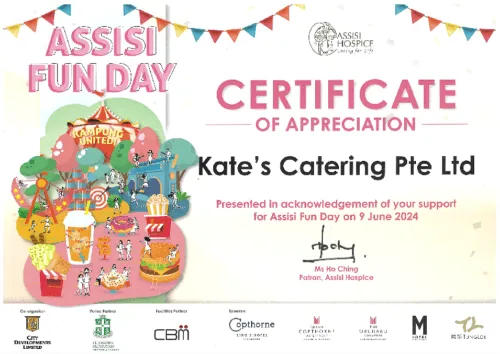 Kate's Catering Certificate of Appreciation from ASSISI Hospice, 2024, for community support