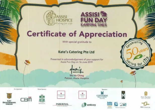 Kate's Catering certificate and community appreciation