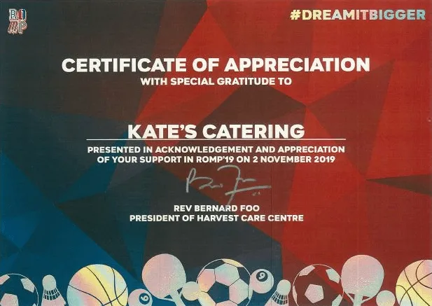 Kate's Catering community festival recognition certificate in Singapore
