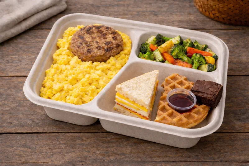 Halal American breakfast bento in Singapore with scrambled eggs, chicken sausage patty, roasted vegetables, cheese sandwich, waffle and brownie
