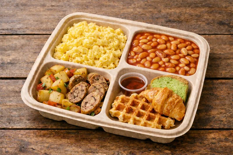 Halal hearty breakfast bento in Singapore with scrambled eggs, baked beans, chicken bratwurst, croissant, waffle and pandan cake for corporate catering