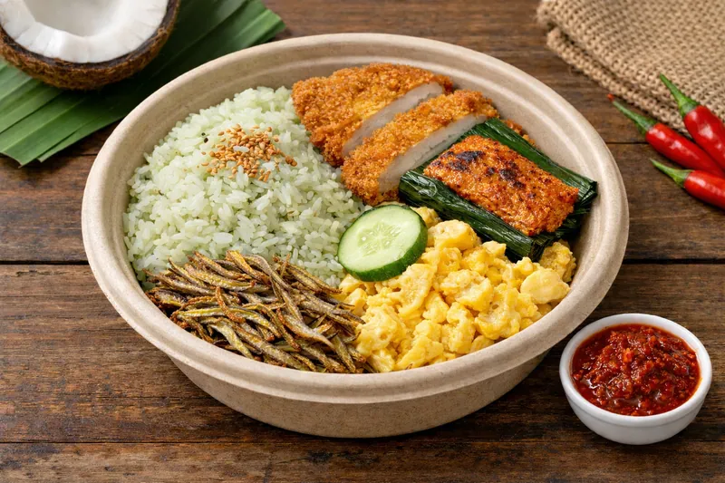 Halal nasi lemak breakfast bento in Singapore with coconut rice, chicken cutlet, otah, fried egg, ikan bilis and sambal chilli