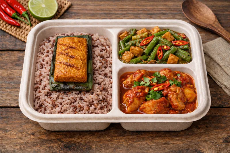 Healthier Choice bento with mixed brown rice, sambal goreng longbean, ayam masak merah and otah