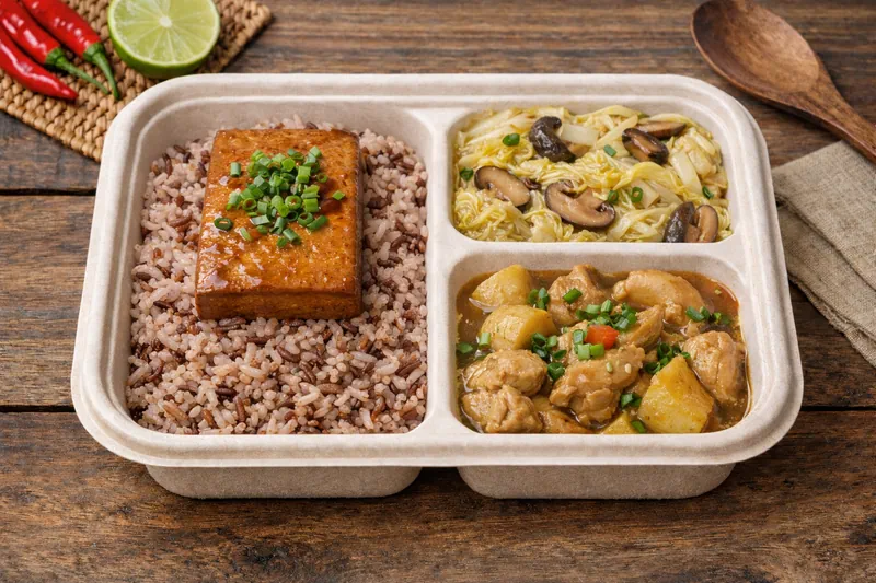 Healthier Choice bento with mixed brown rice, braised napa cabbage, chicken stew and taukwa