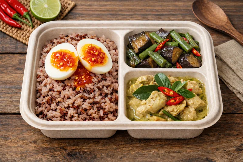 Healthier Choice bento with mixed brown rice, eggplant, green curry chicken and egg