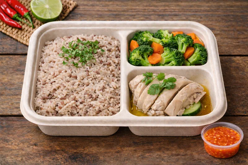 Healthier Choice bento with mixed brown rice, stir-fry veg, hainan chicken and chilli sauce