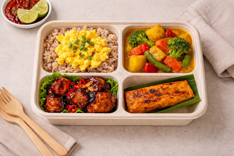 Healthier choice halal bento with mixed brown rice, vegan curry vegetables, kicap manis chicken, otah and egg