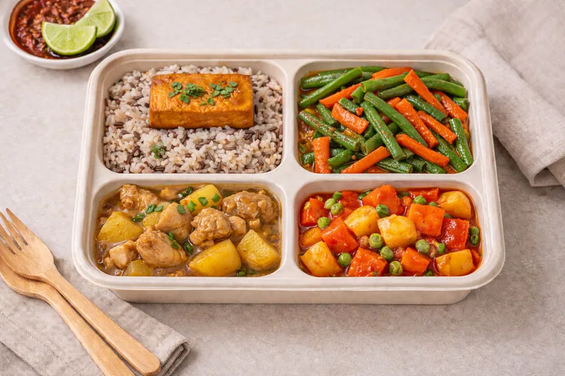 Healthier choice halal bento with wholegrain chicken rice, braised napa cabbage, hainan chicken, egg and chilli sauce