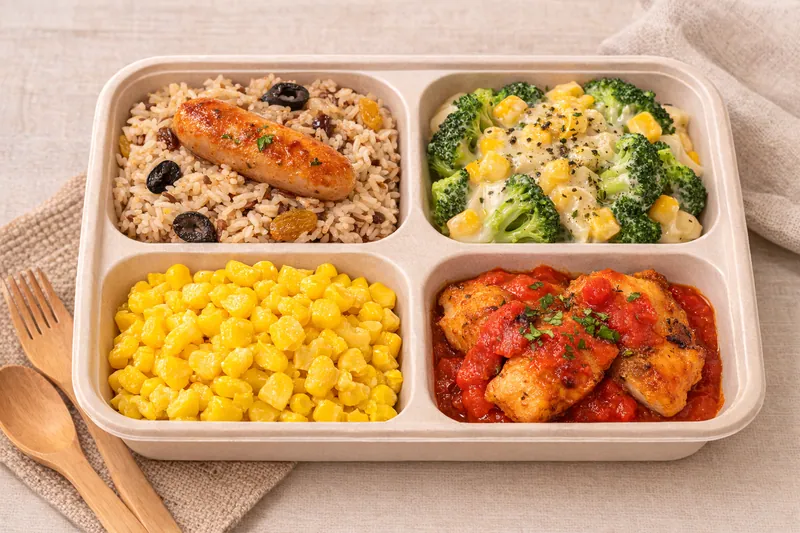 Healthier choice halal bento with wholegrain olive and raisin rice pilaf, broccoli and corn alfredo, baked chicken marinara and chicken chipolata