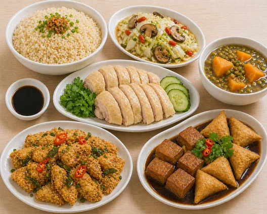 Halal chicken rice Self-Heating Party Set in Singapore with Hainan chicken, fried fish, vegetables and dessert