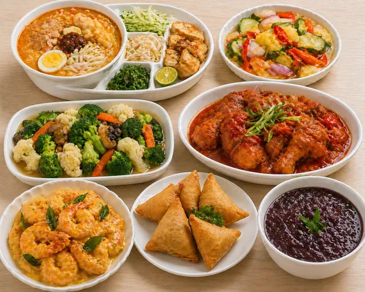 Halal laksa Self-Heating Party Set in Singapore with laksa, chicken fillet, sambal prawn, otah and dessert